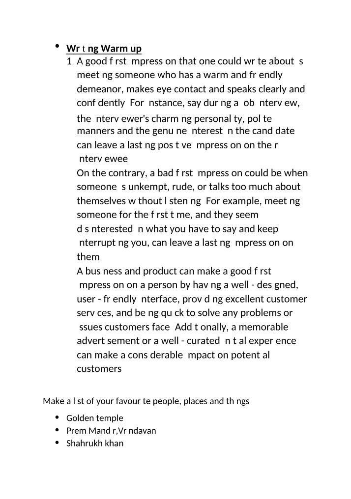 Writing Warm-up - Making Lasting Impressions