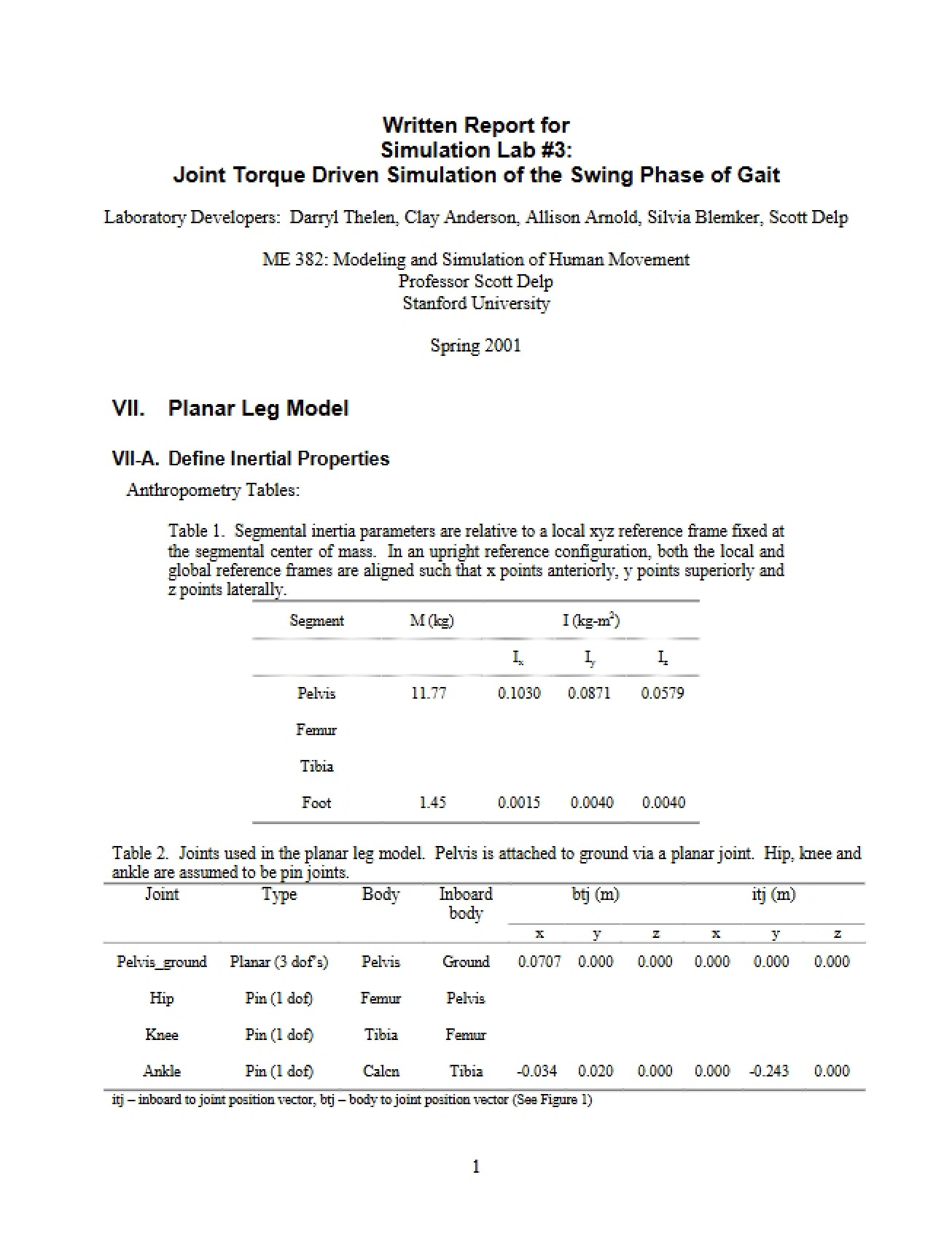 Third Simulation Lab Joint Torque Simulation of Gait Swing Phase