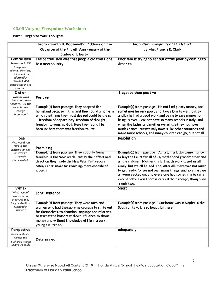 Worksheet for 03.05 Varying Viewpoints