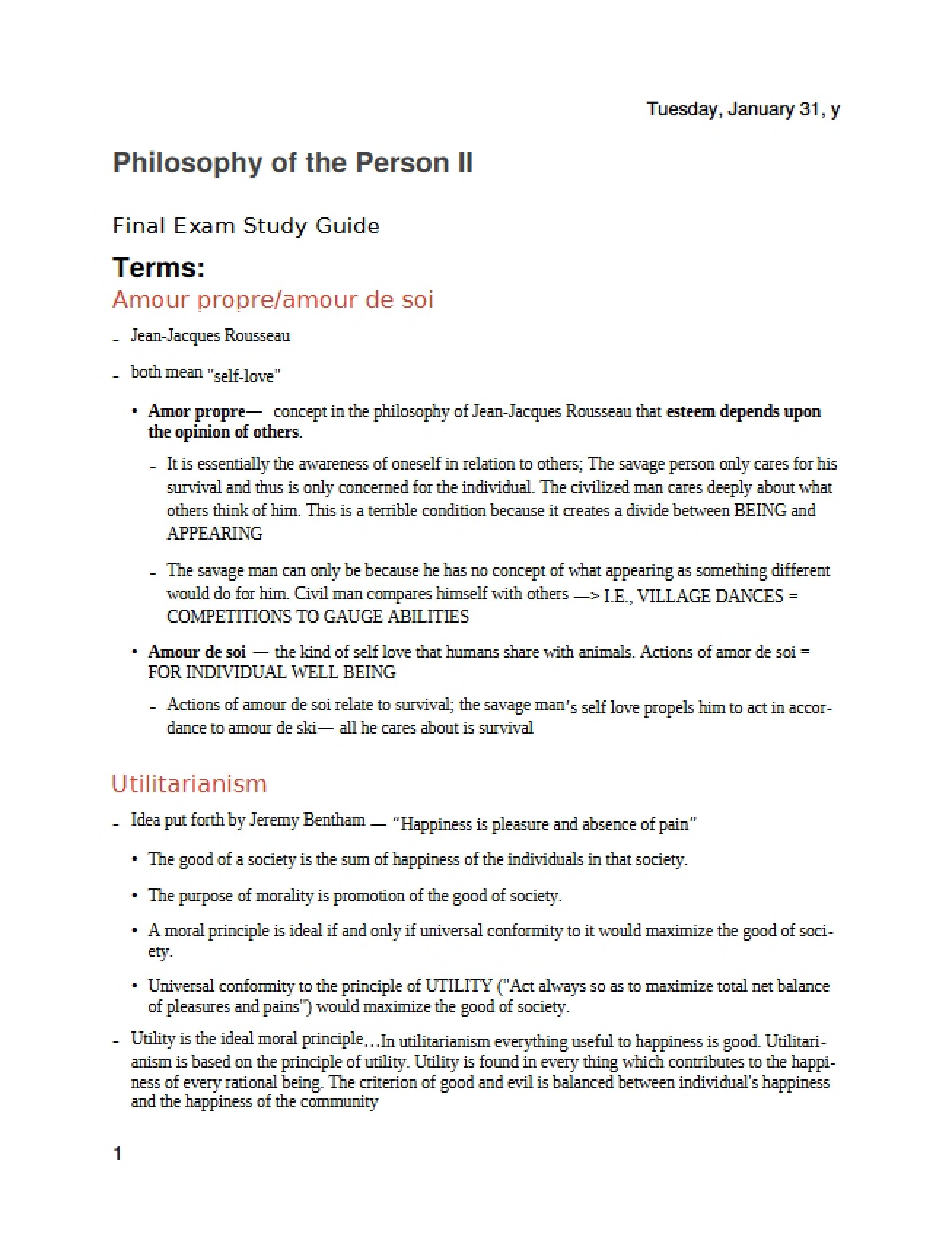 Study Guide for the Philosophy of the Person I Final Exam