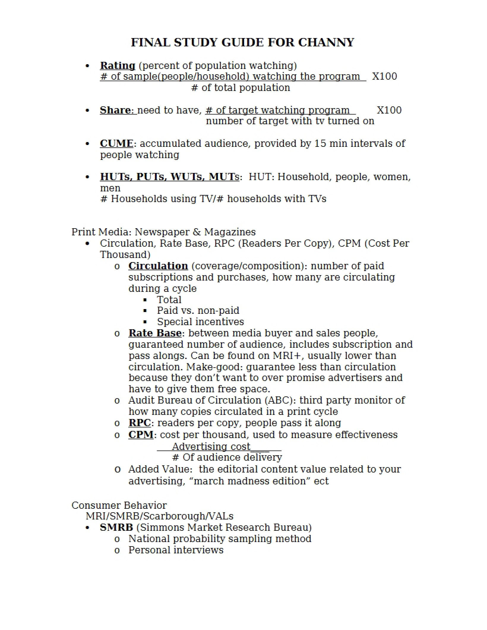 Study Guide for Final