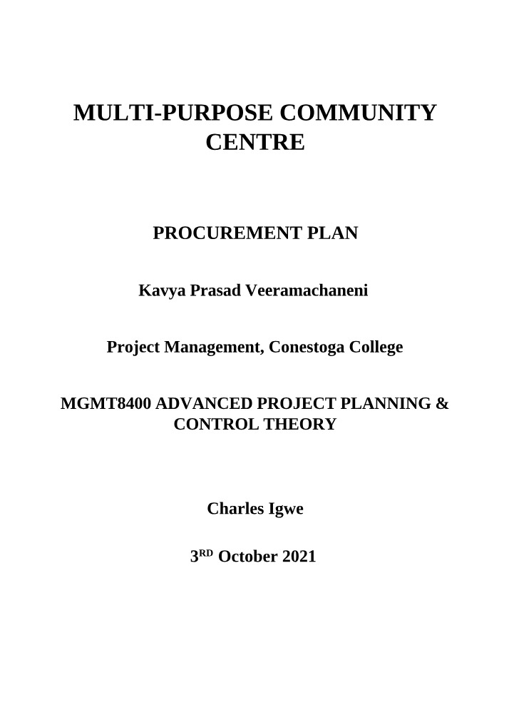 Cornwall Multi-Purpose Community Centre - Procurement Plan