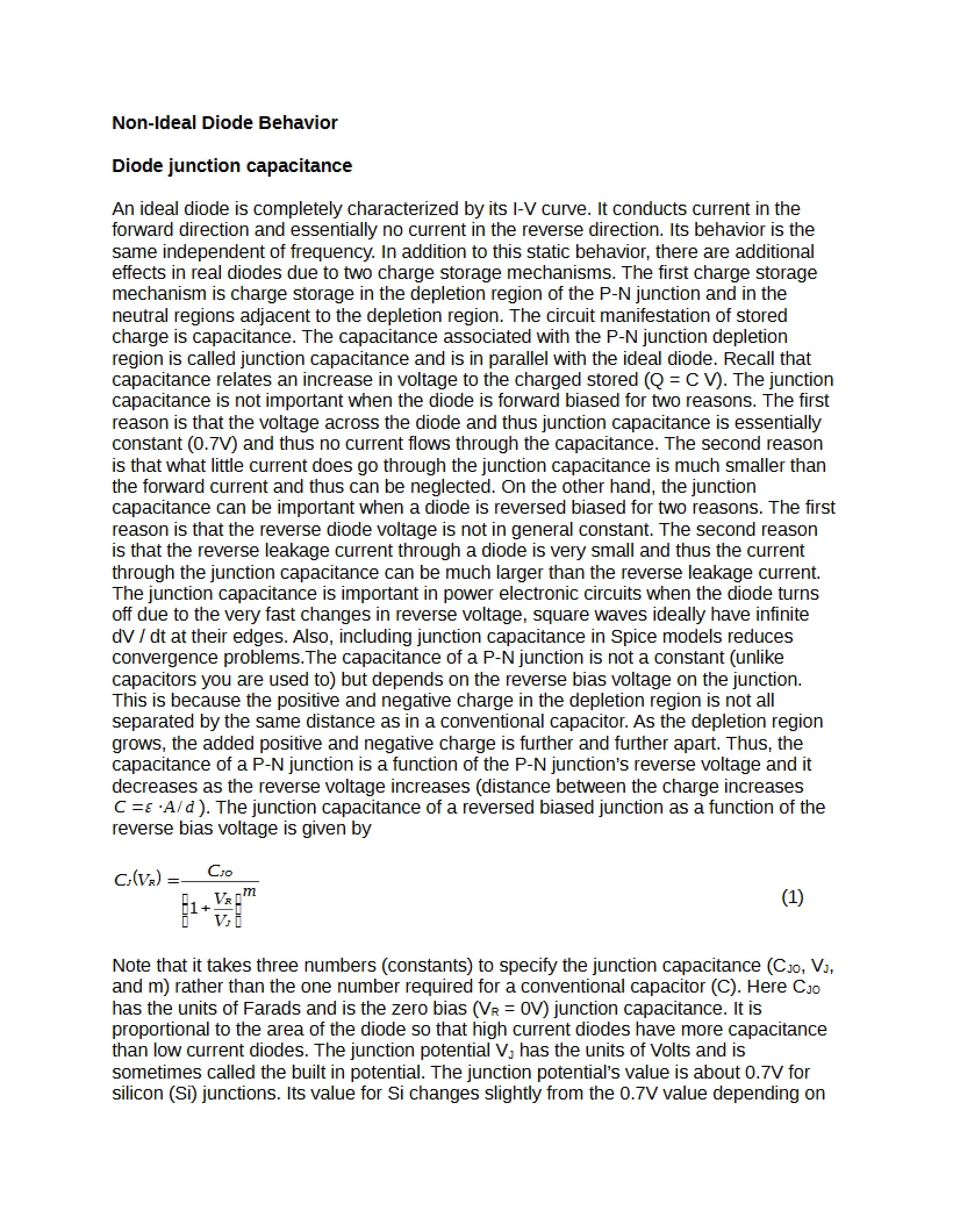 Behavior of Non-Ideal Diodes