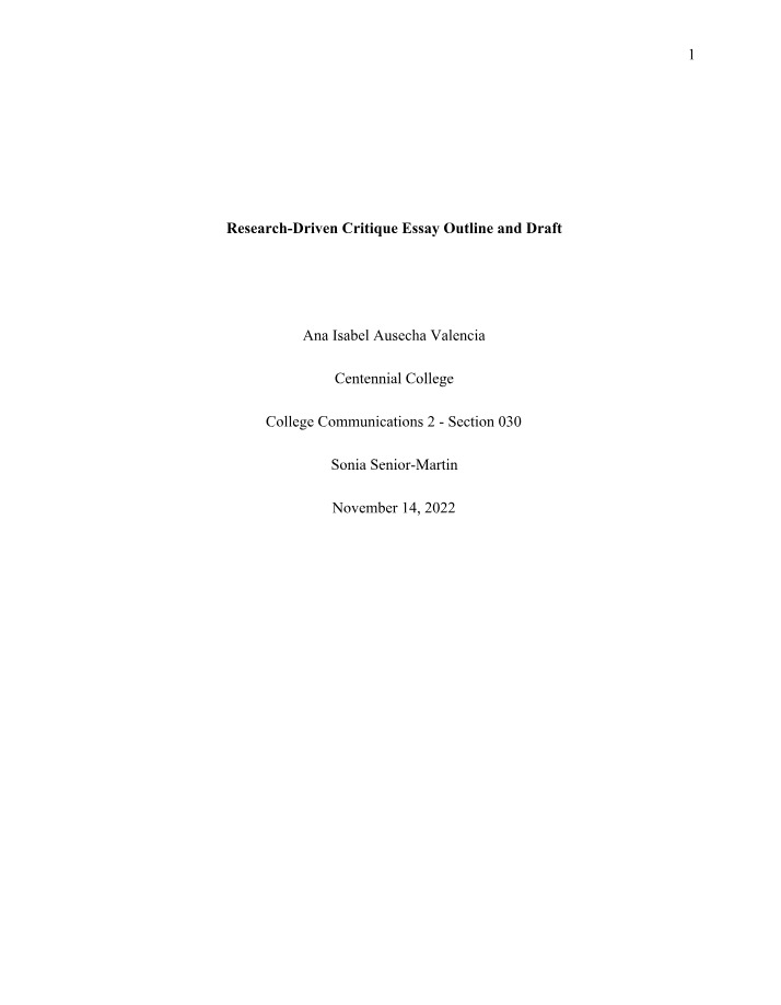 Draft and Outline for Research-Driven Critique Essay