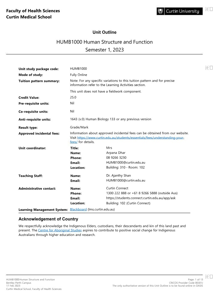 HUMB1000 Unit Outline - Semester 1 2023