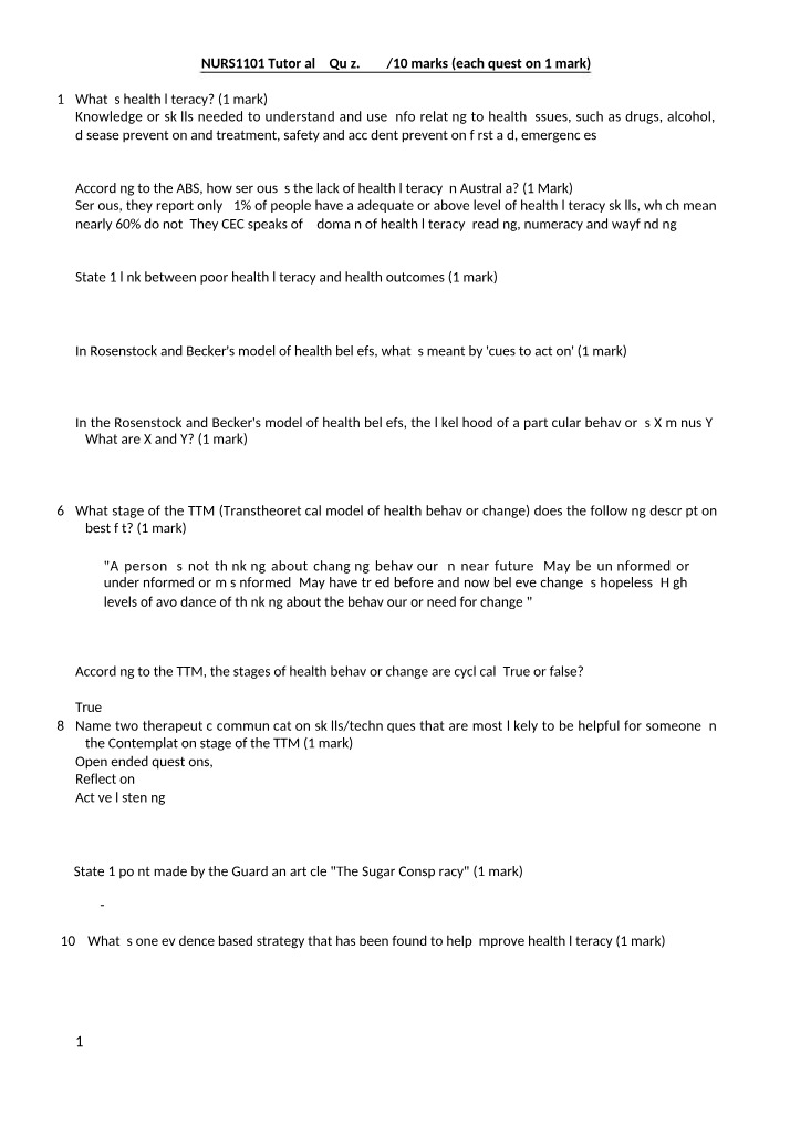 Quiz for NURS1101 Tutorial 7