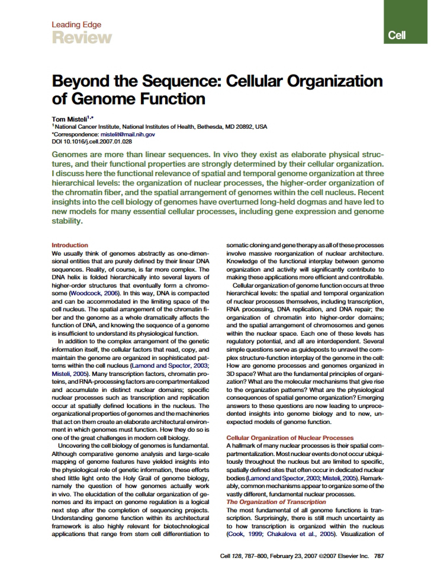 Cellular Organization of Genome Function Beyond the Sequence
