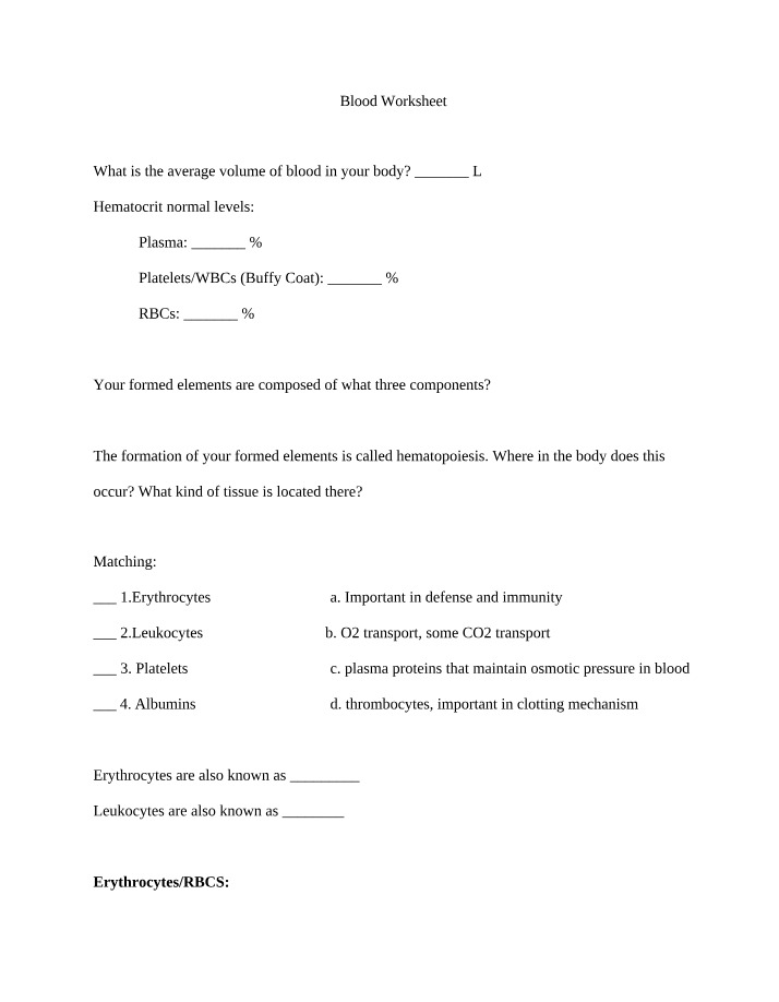 Worksheet on Blood