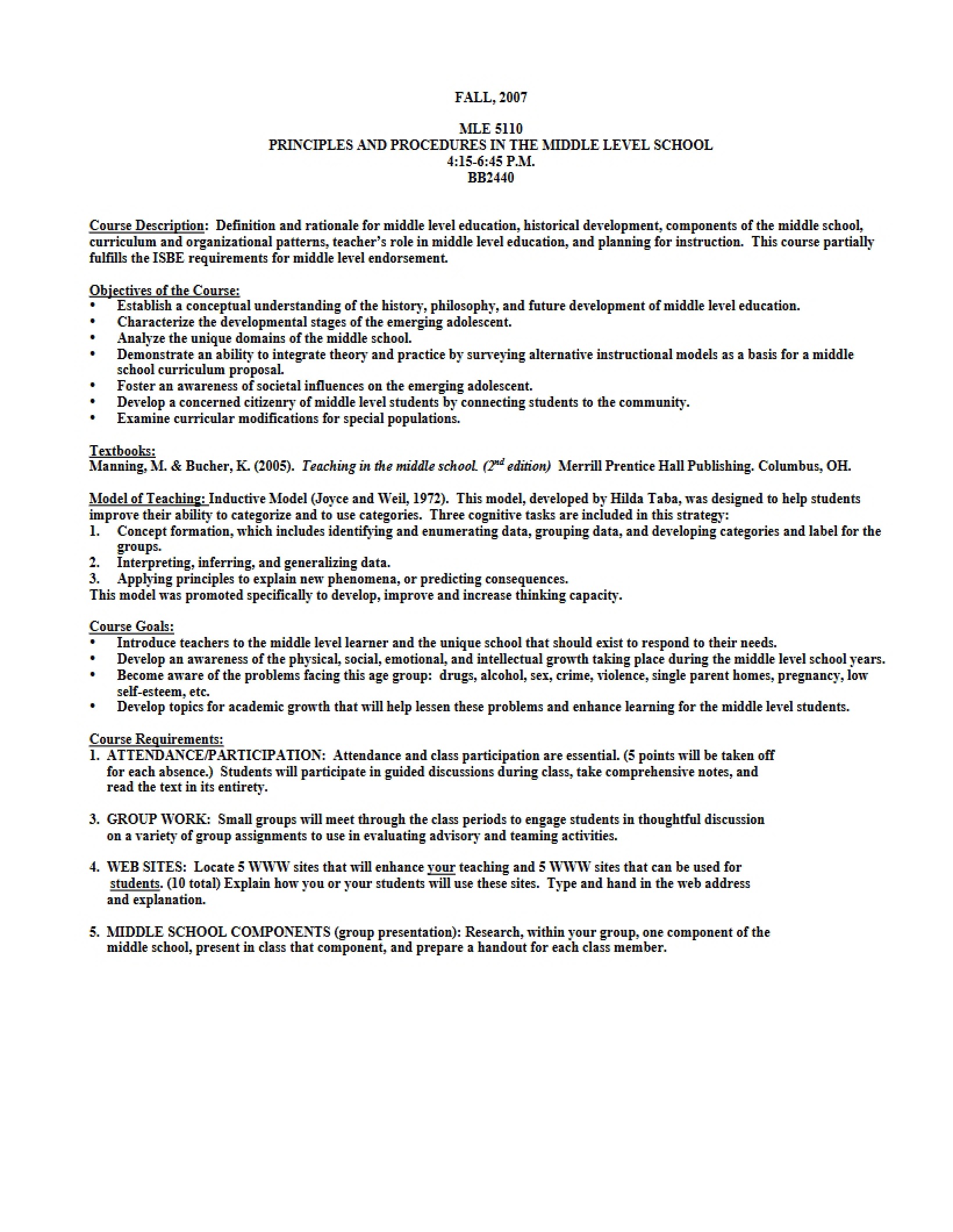 Course Syllabus for MLE 5110