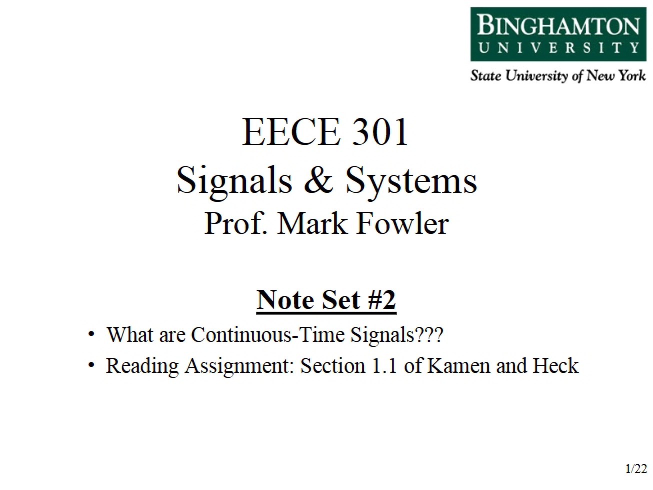 Continuous-Time Signals Note Set Two