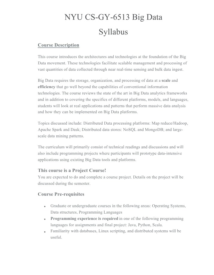 CS-GY-6513 Syllabus - Big Data