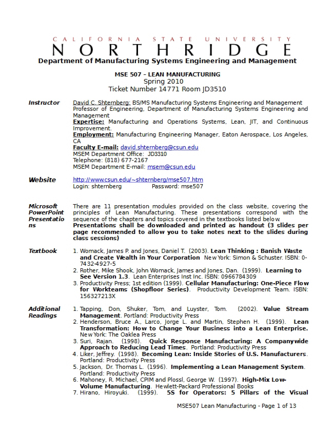 Syllabus Lean Manufacturing Systems