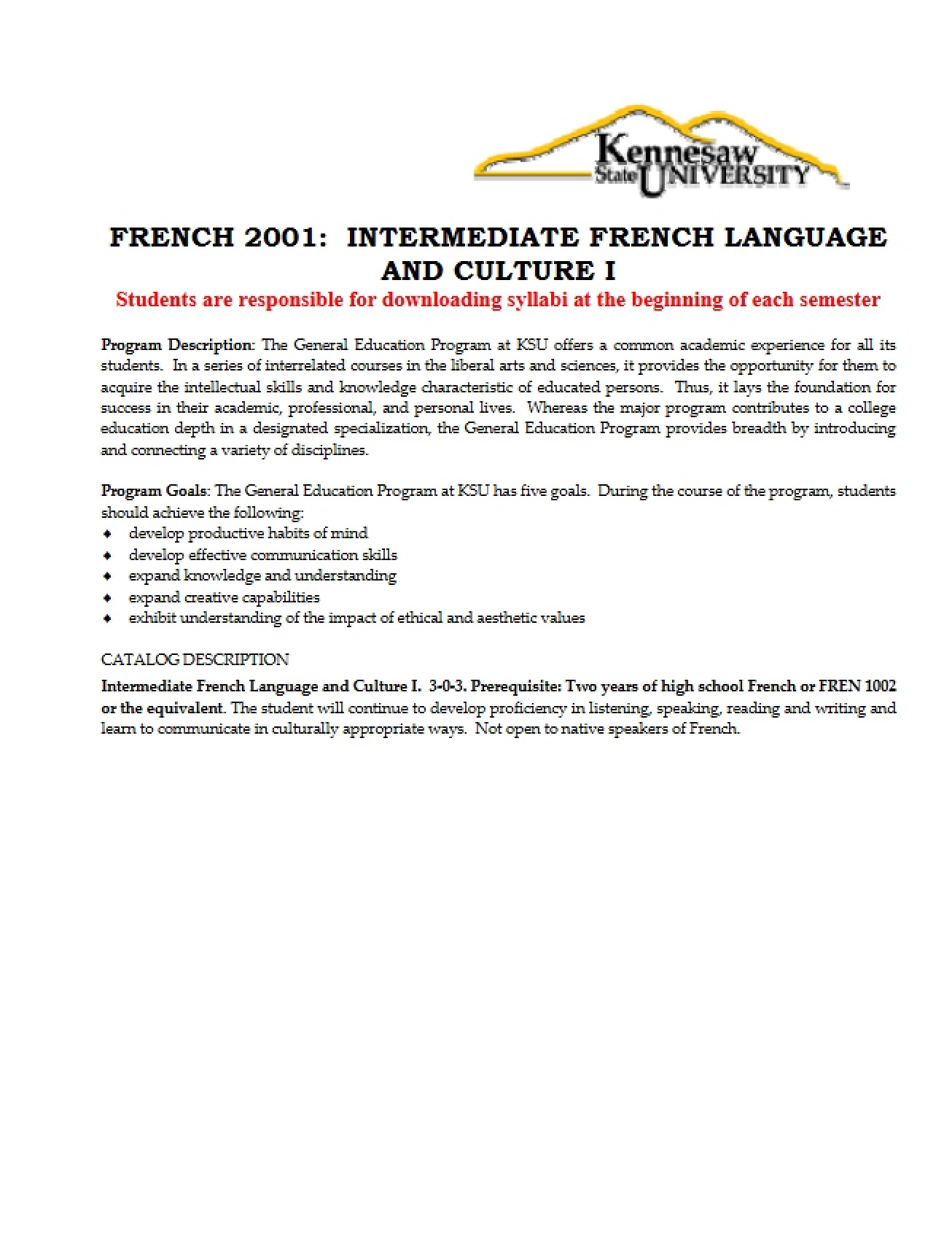 Course Outline for French Intermediate One (3)