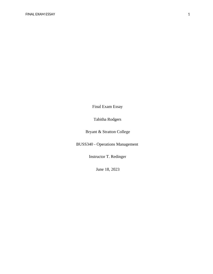 Operations Management Final Exam Essay (BUSS340)