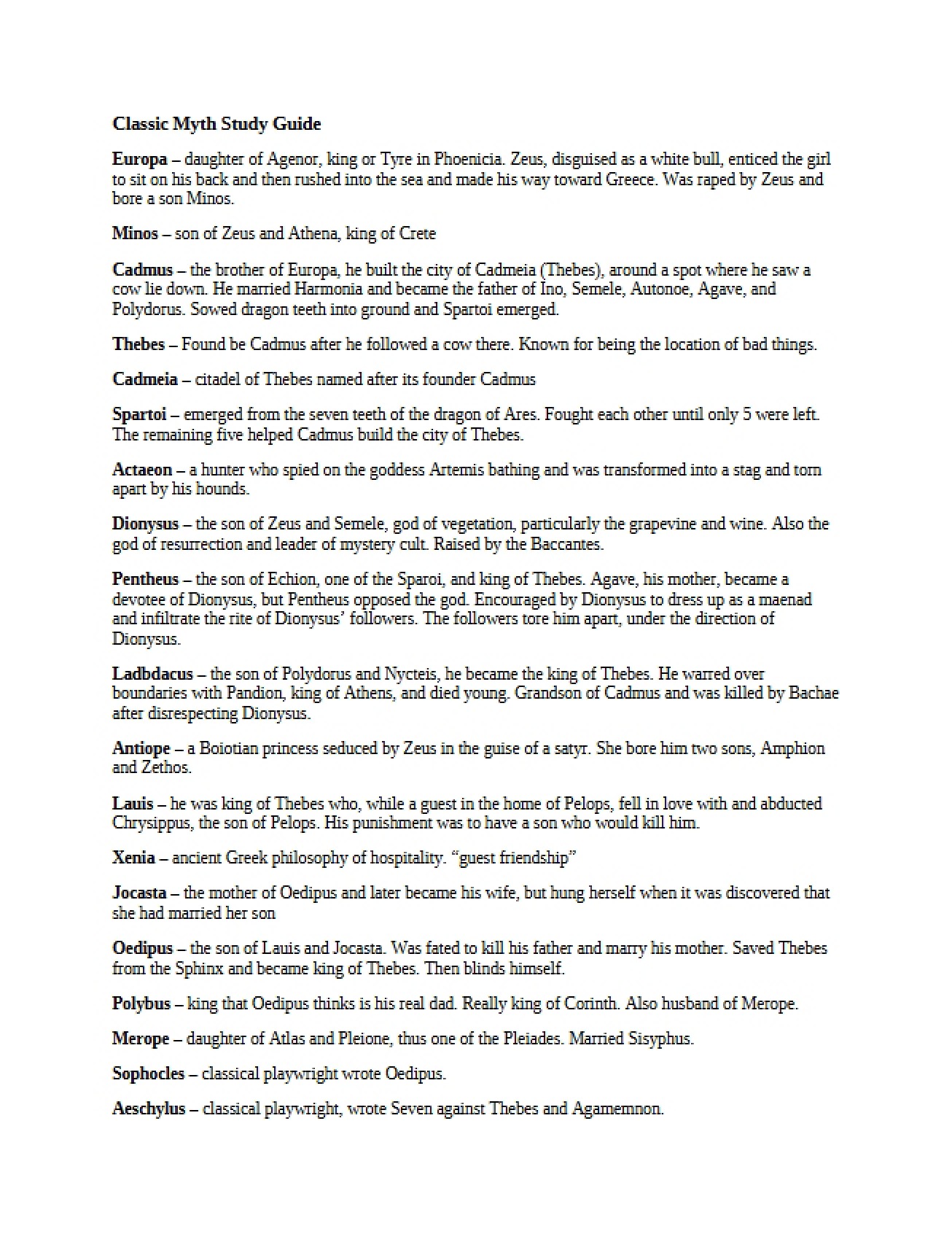Study Guide for Classical Myths