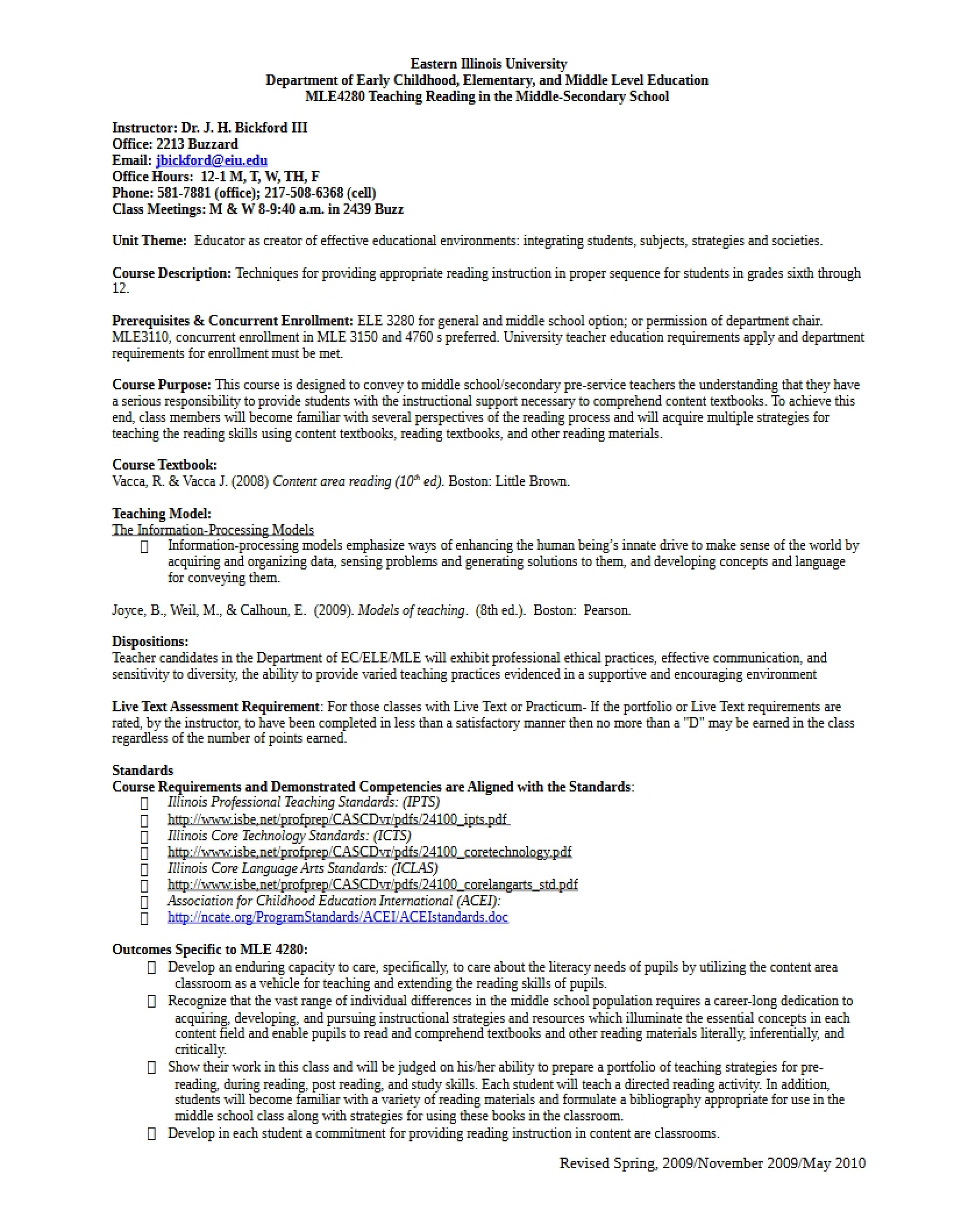 Content Area Reading Course Outline