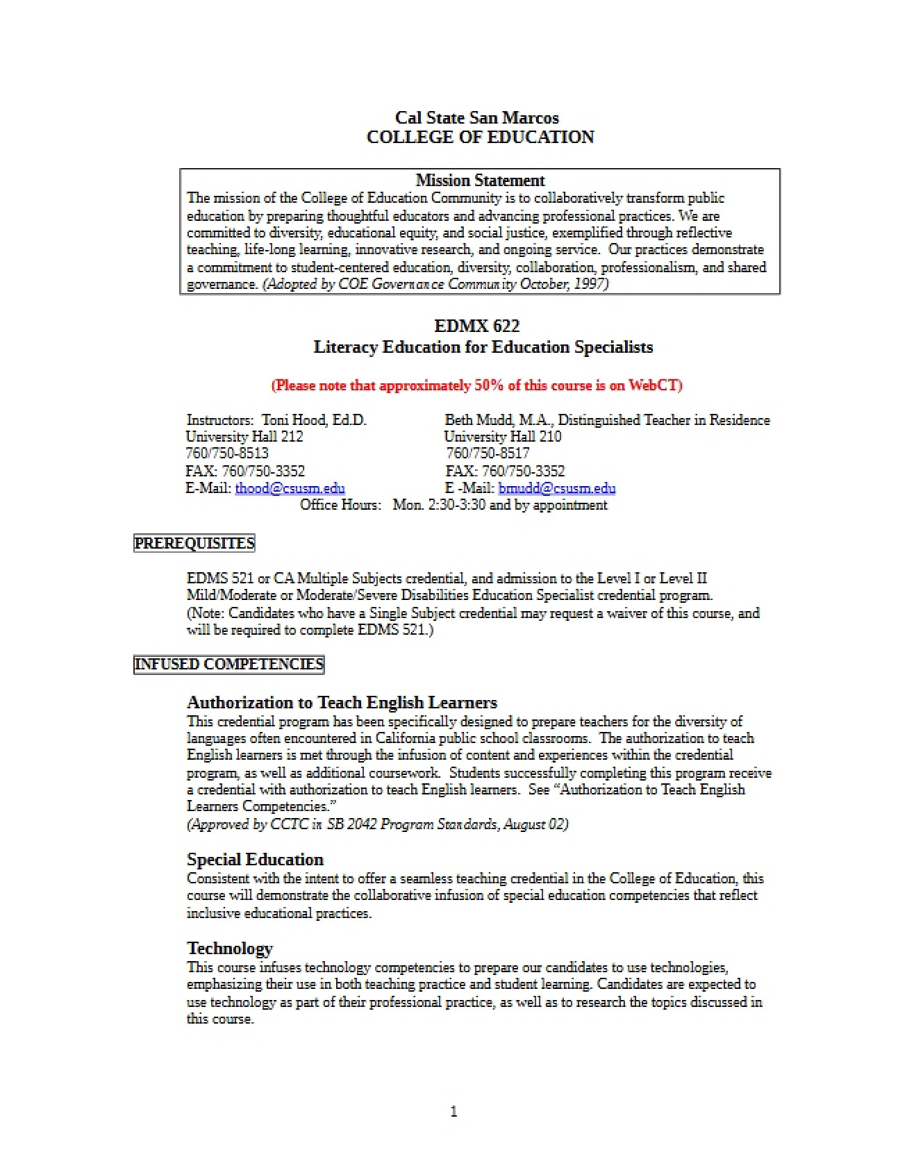 Syllabus for Literacy Education Specialists