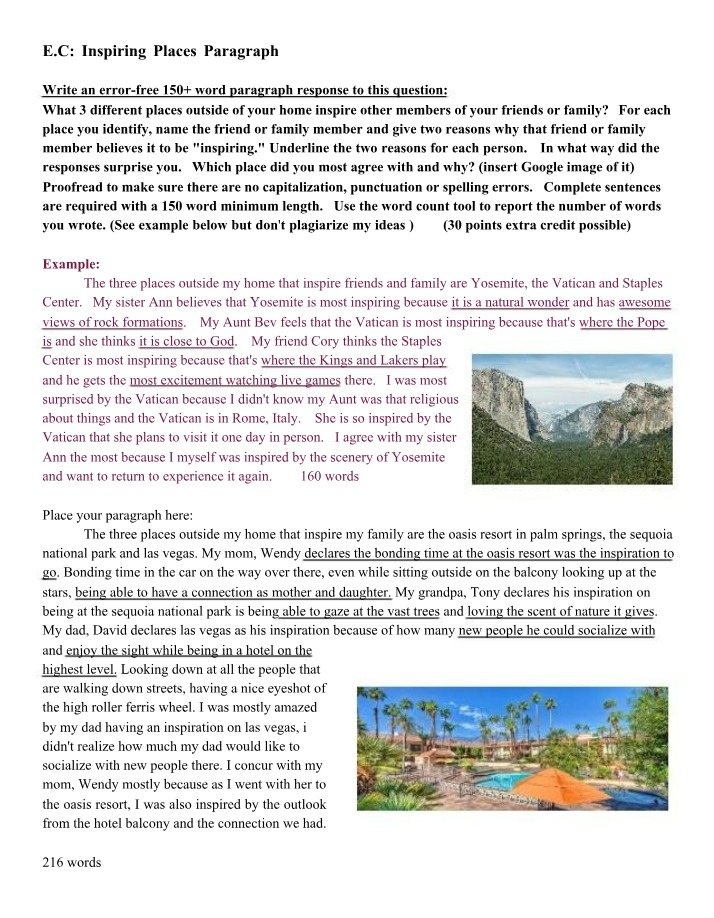 Paragraph Assignment on Inspiring Places