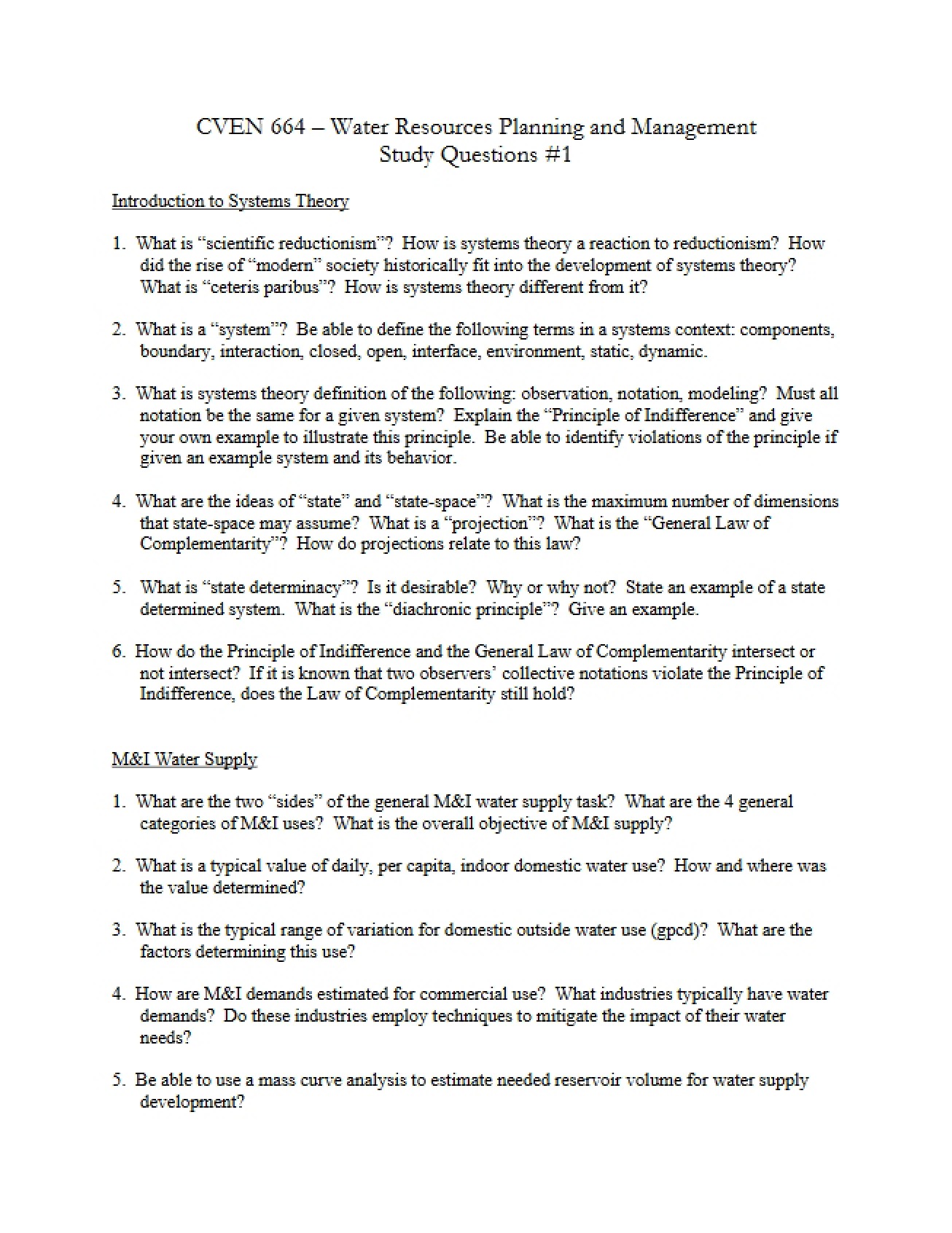 Set of Study Questions for Water Resources Engineering Planning and Management