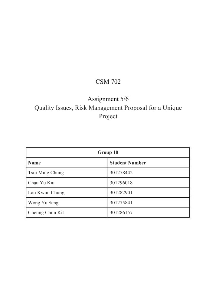 Assignments 5-6 - Quality Issues and Risk Management