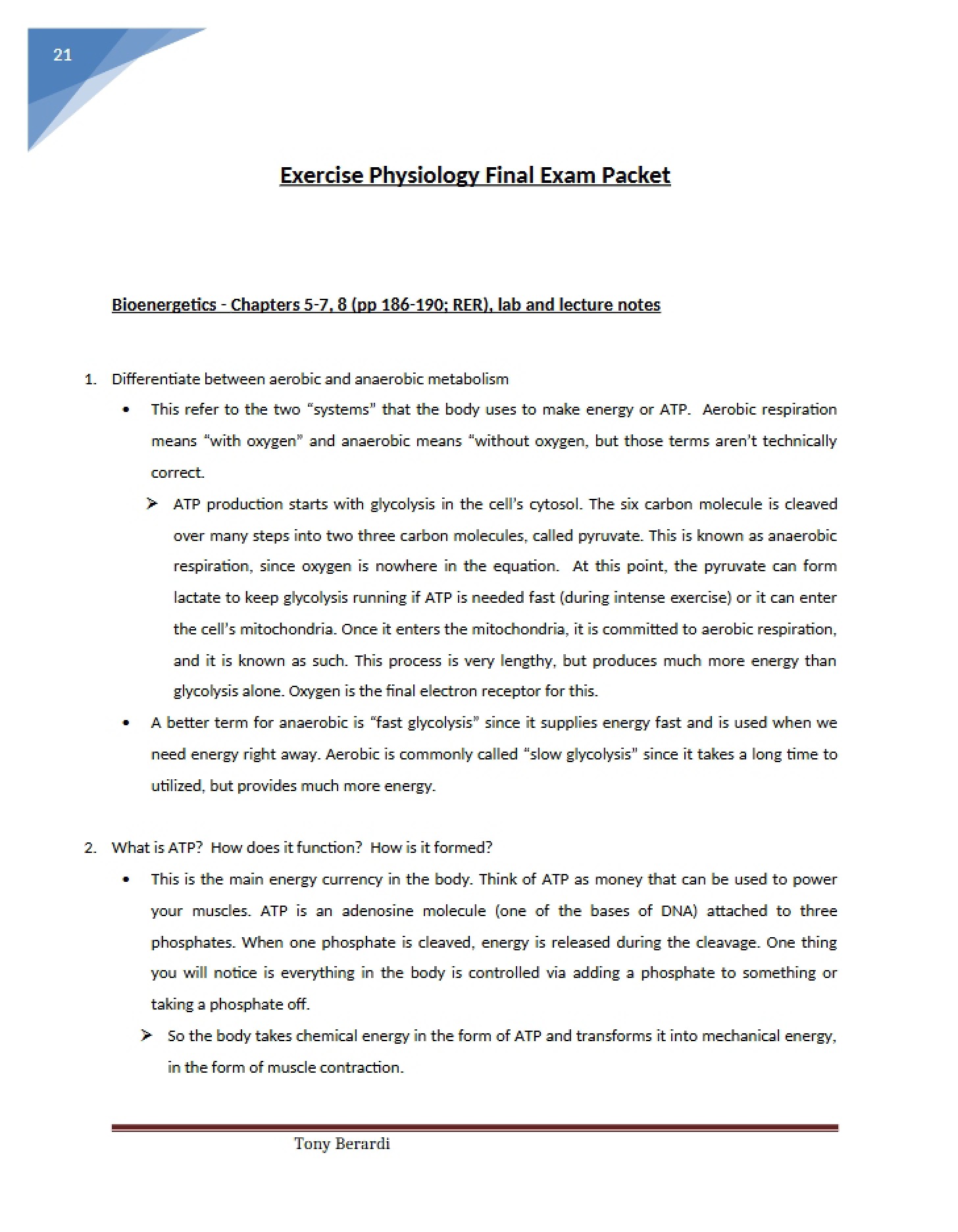 Packet for Exercise Physiology Final