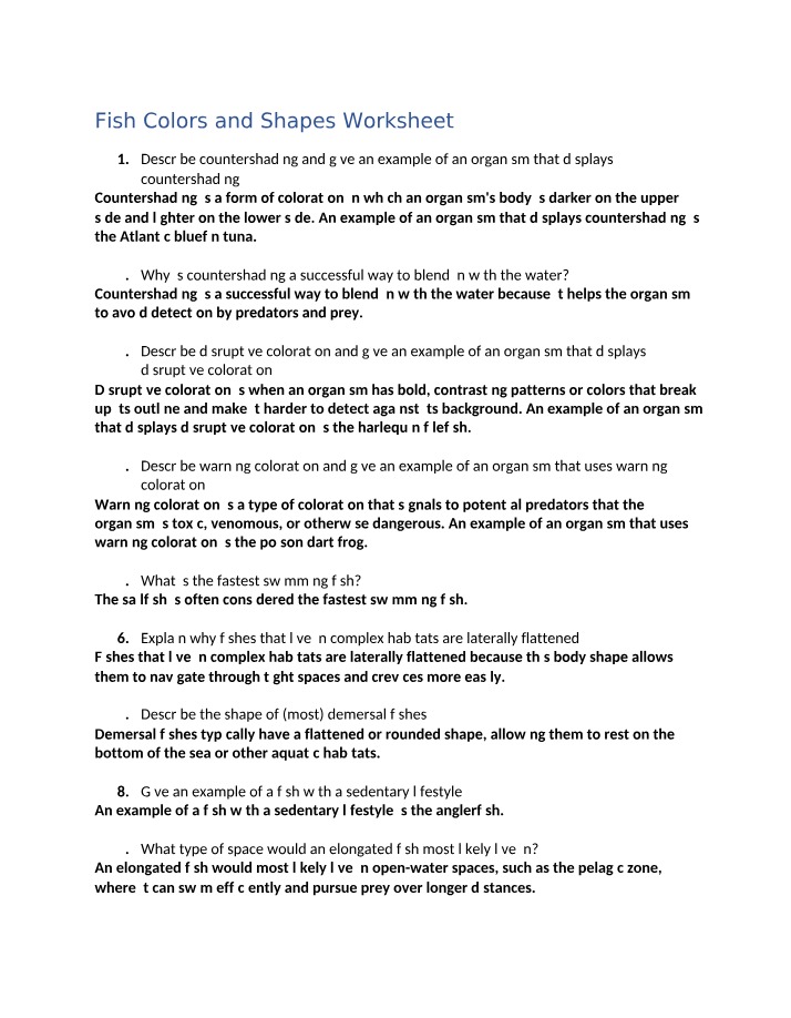 Answers for Fish Camouflage and Adaptations Worksheet