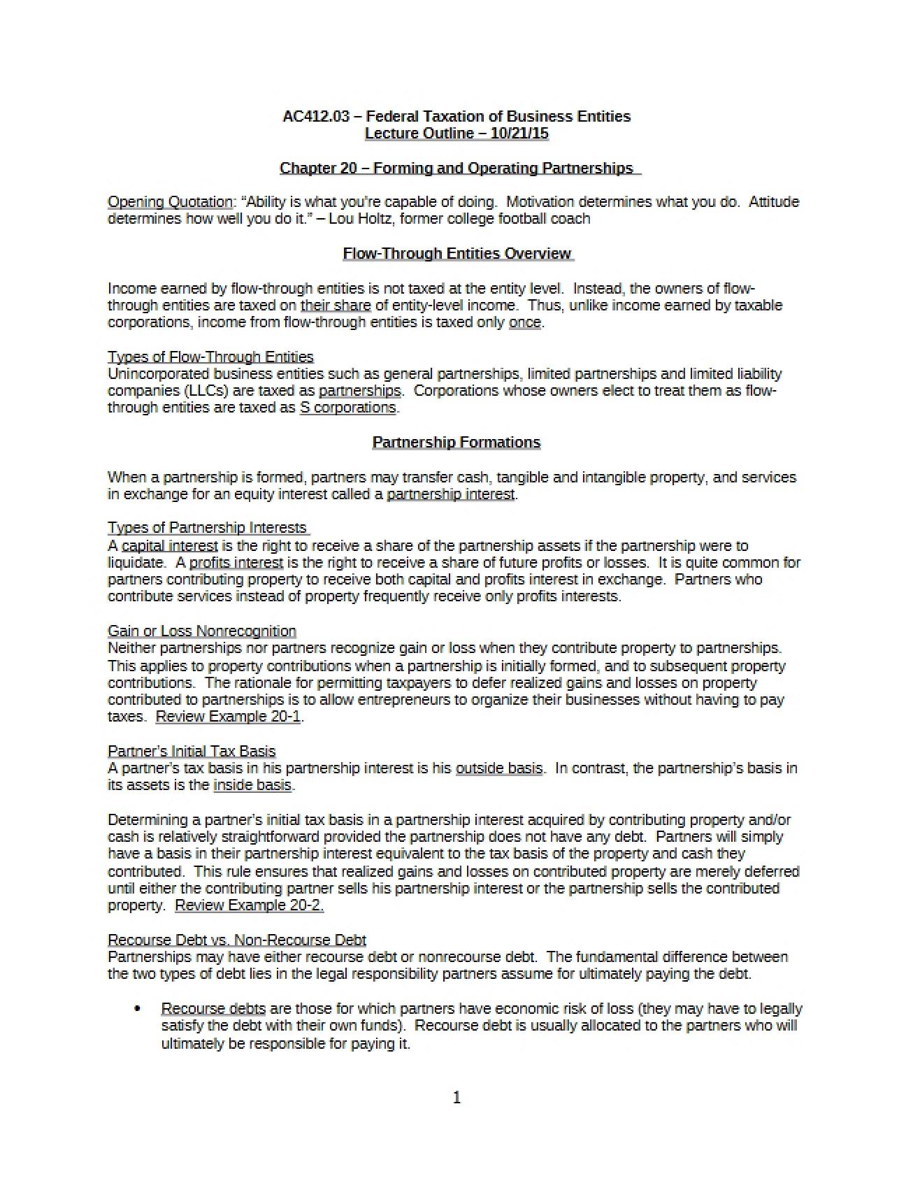 Formation and Operation of Partnerships (Chapter 20)