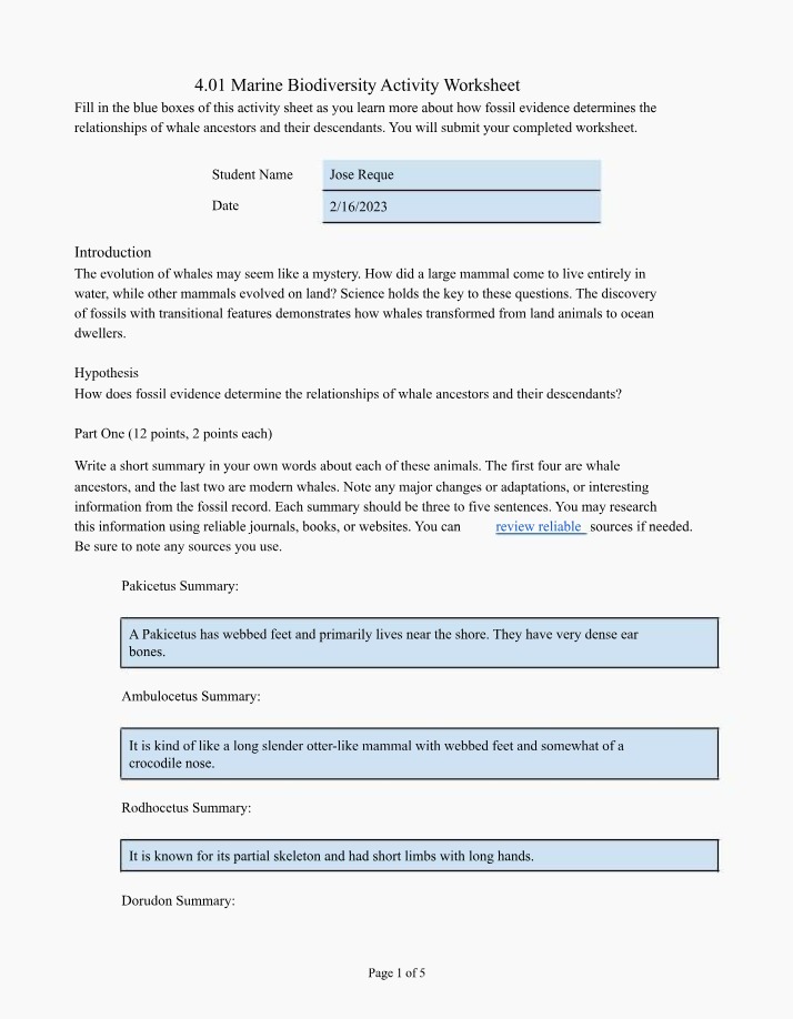 Activity Worksheet for Marine Biodiversity 4.01