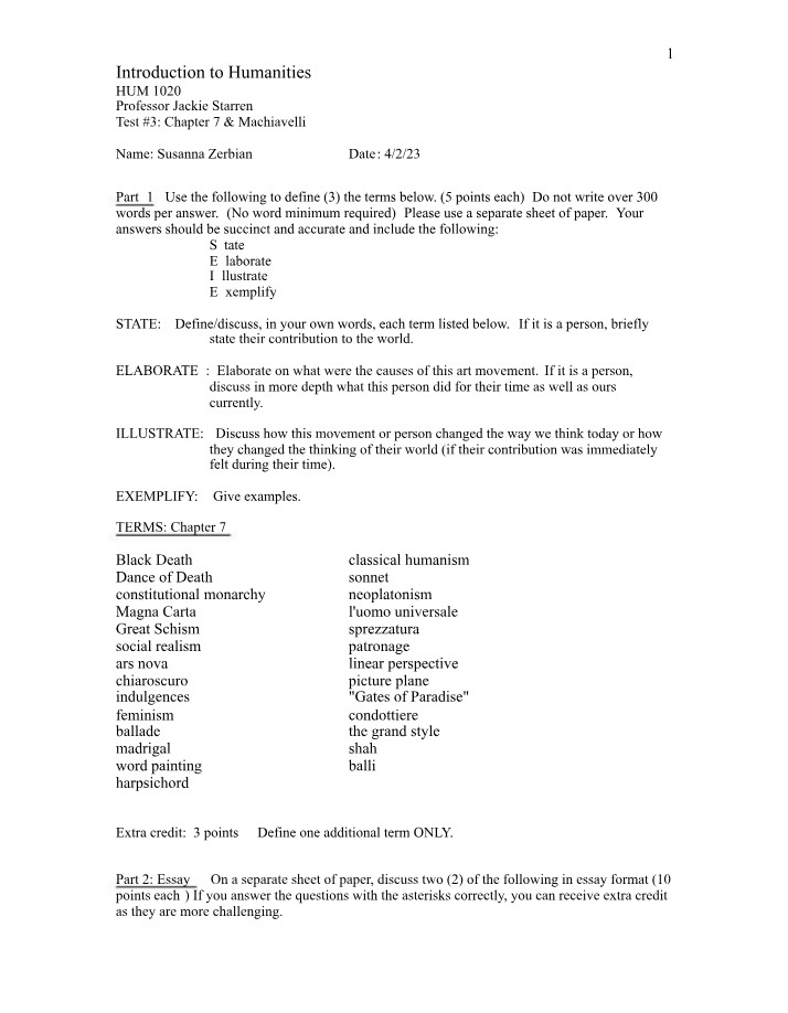 HUM 1020 Test 3 - Chapter 7 and Machiavelli