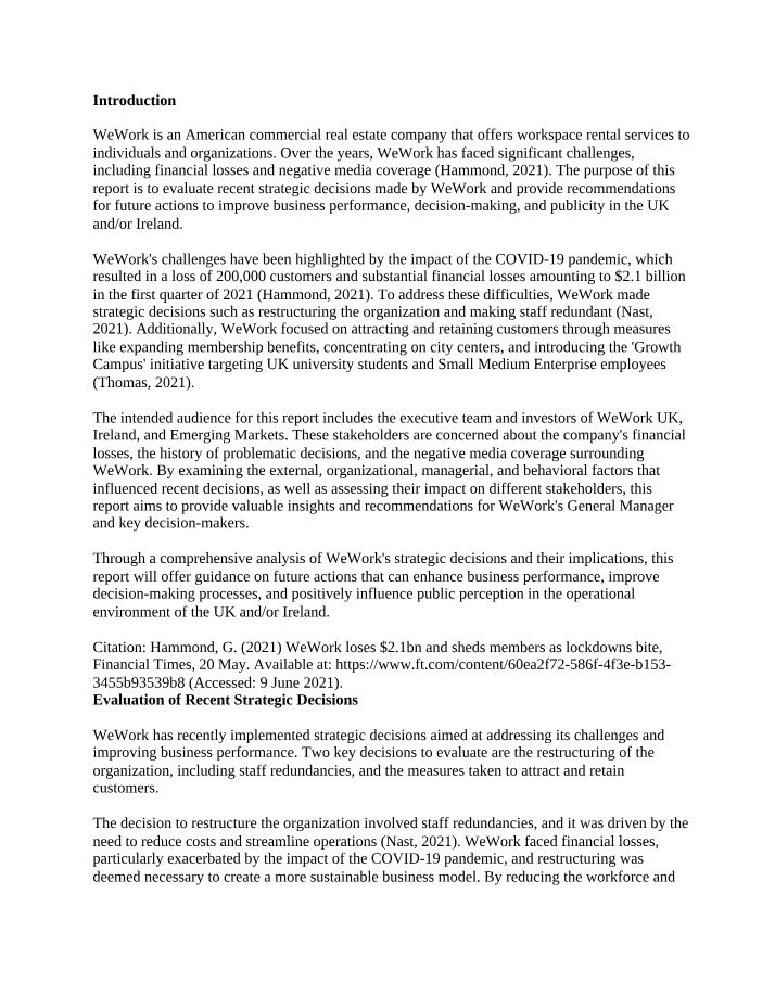 WeWork Strategic Decisions - Addressing Challenges & Improving