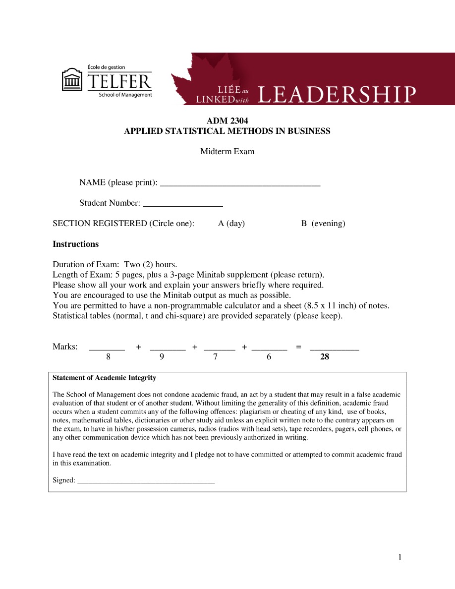 ADM 2304 Applied Statistical Methods Midterm Exam A