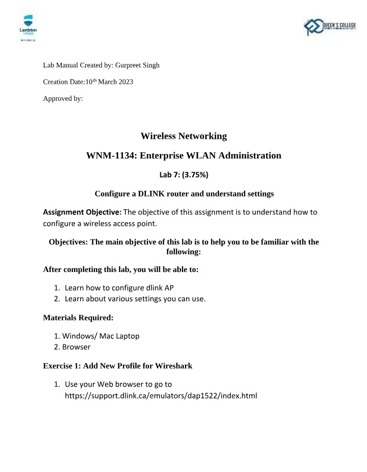 WNM-1134 Lab 7 - Configure a DLINK Router