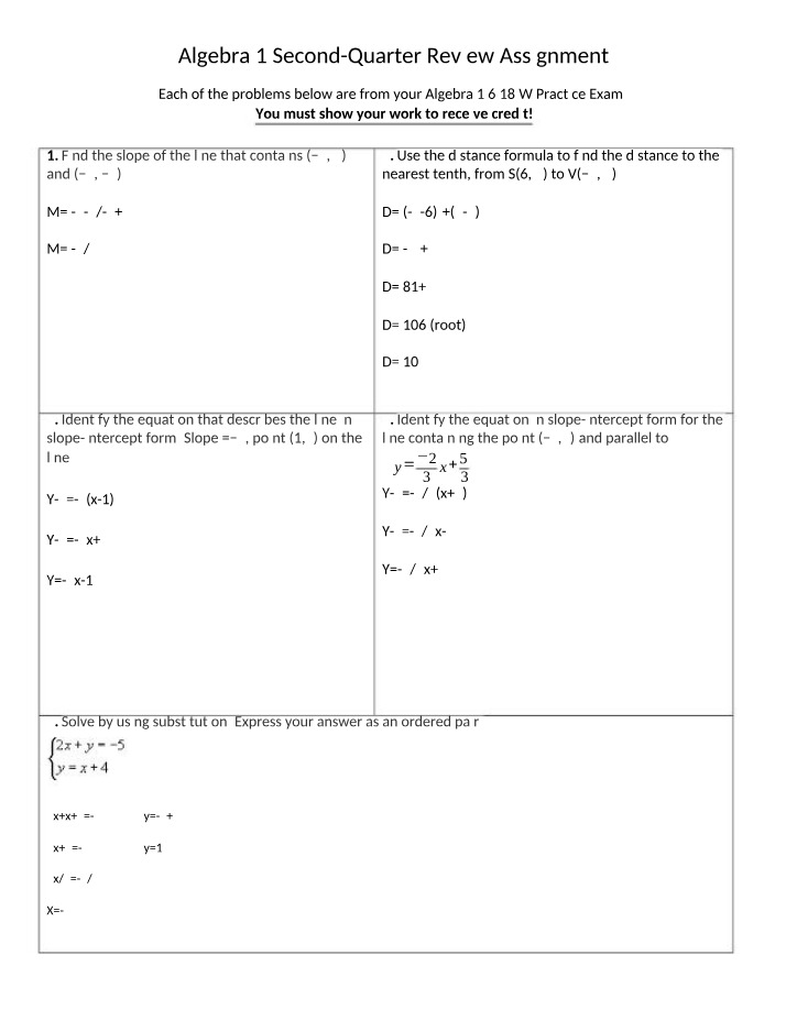 Second-Quarter Review Assignment for Algebra 1