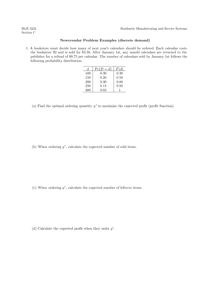 Newsvendor Problem - Discrete Demand Examples