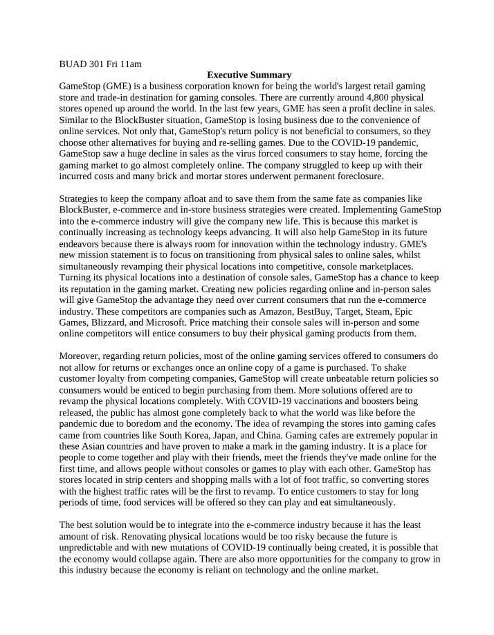 Executive Summary for BUAD
