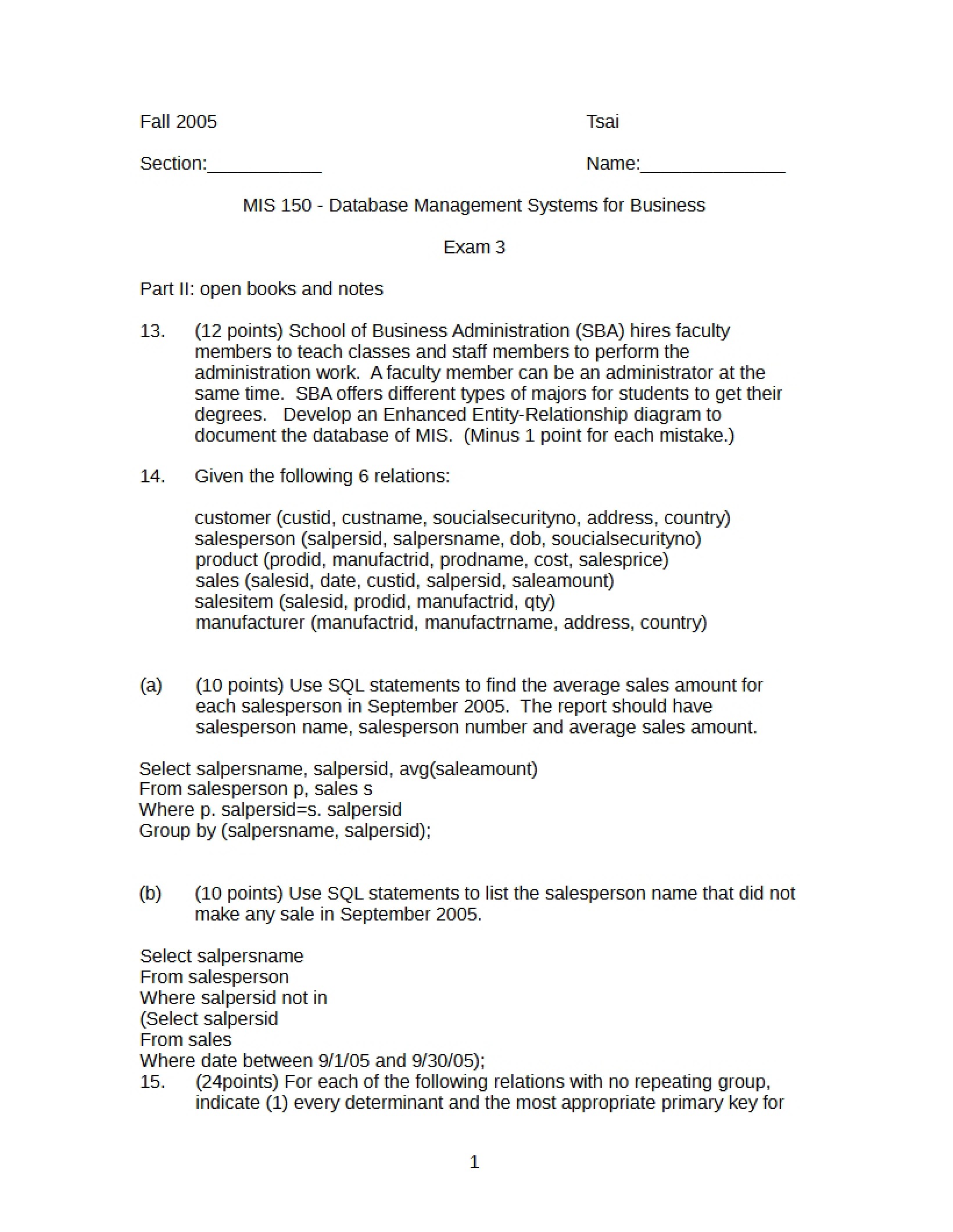 Exam Three Database Mgmt Systems