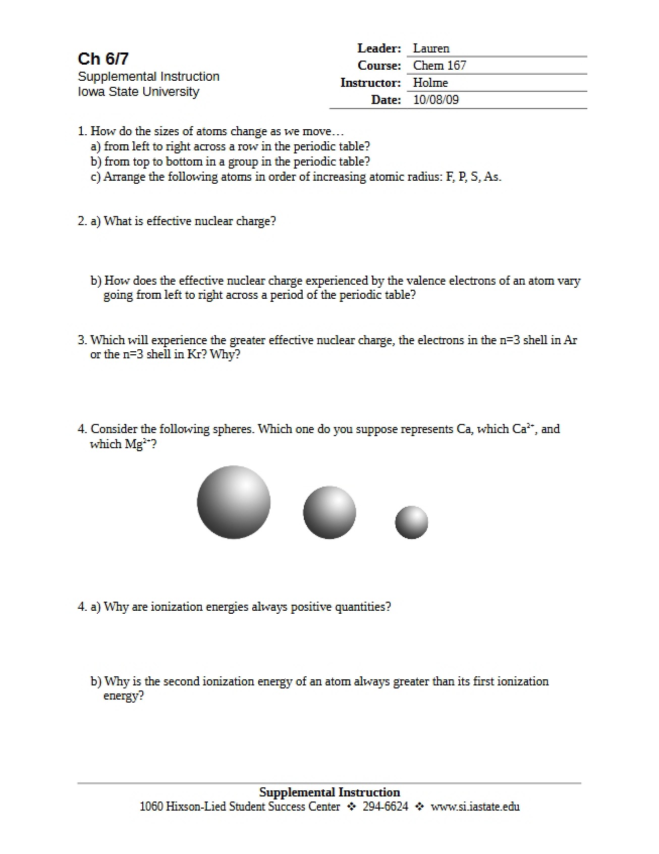 Practice Handout for the General Chemistry for Engineers Course