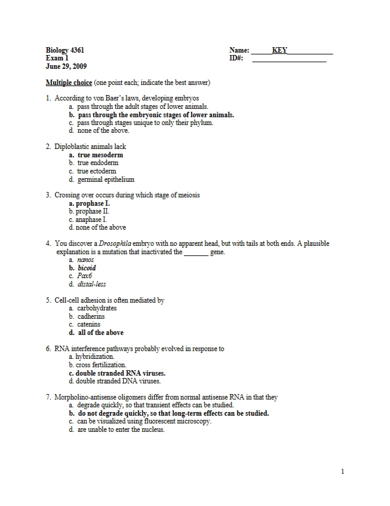 Key for Exam One