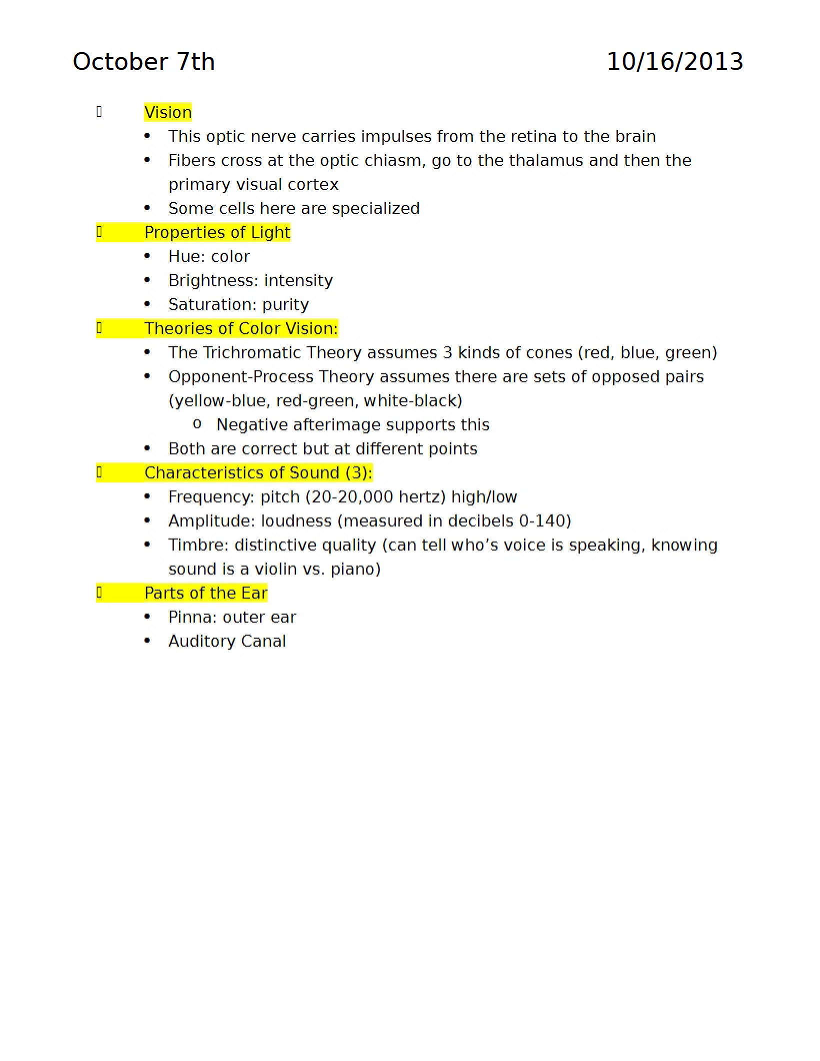 Psychology Class Notes Oct 7 to Oct 16