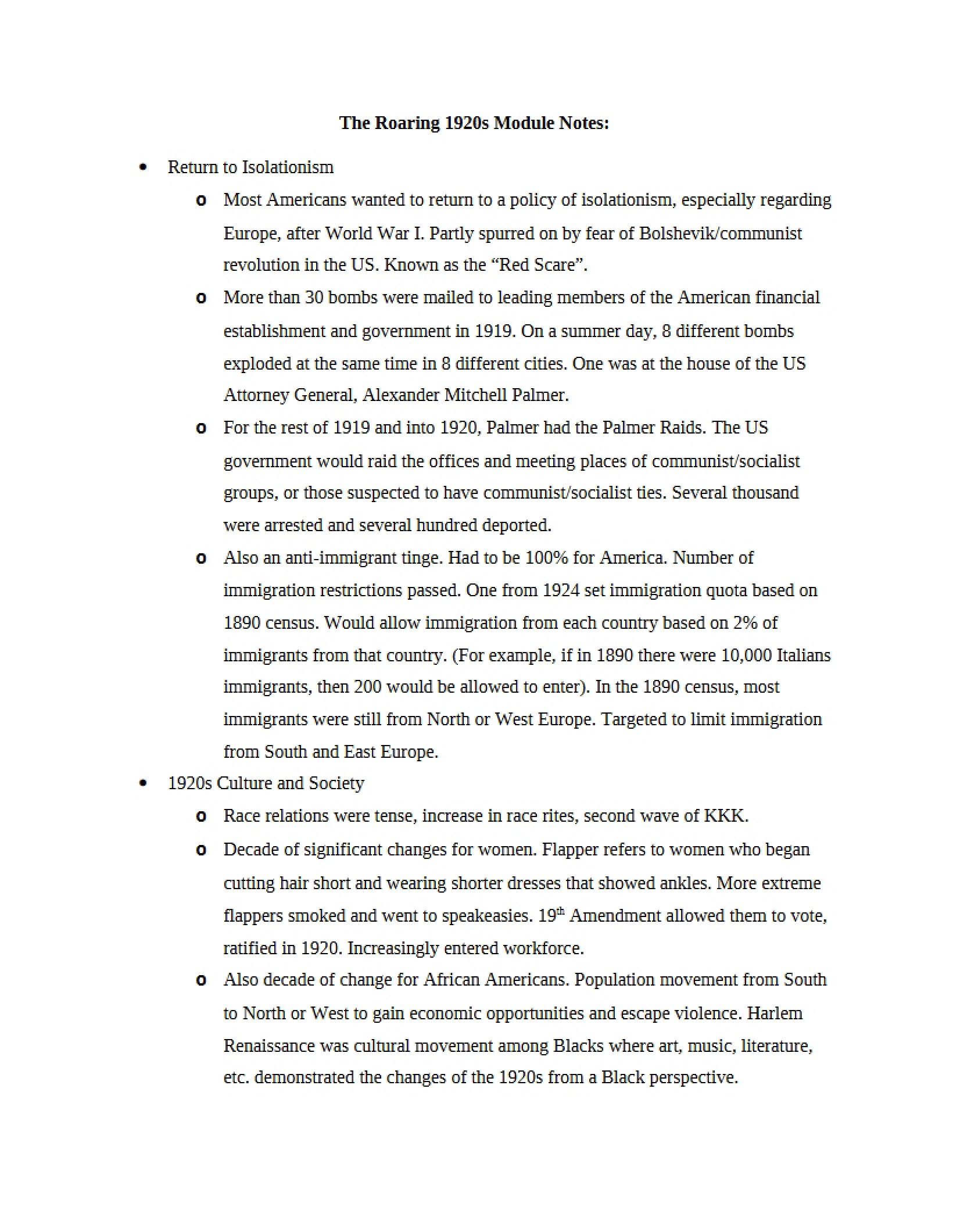 Module Notes Roaring 1920s