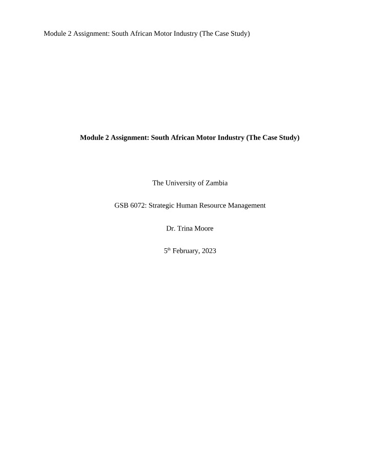 Module 2 Assignment - South African Motor Industry Case Study