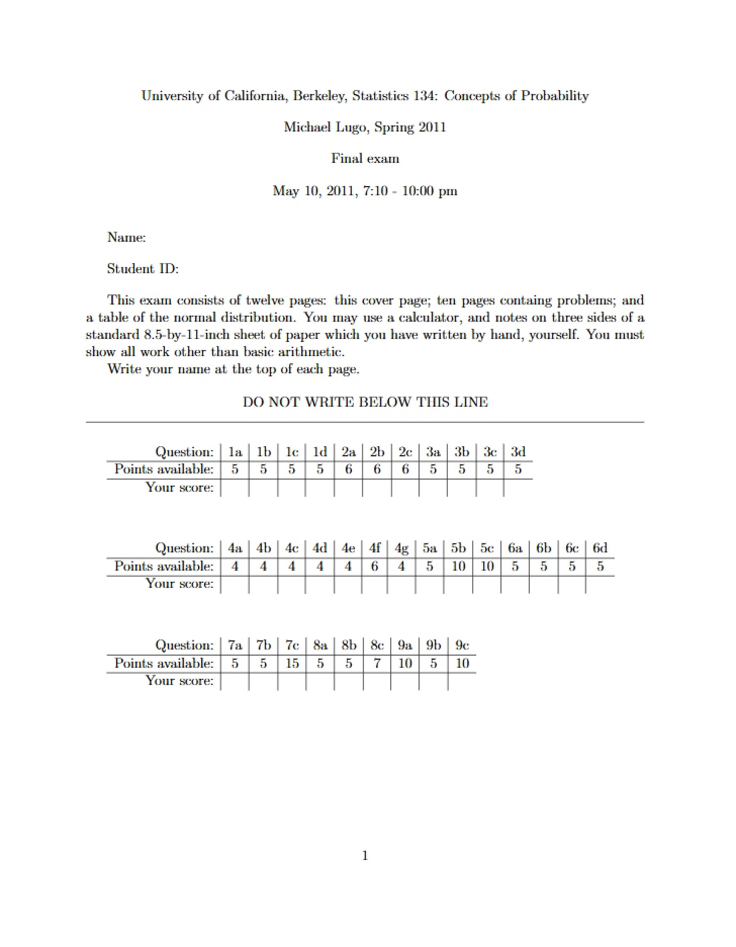Final Exam STAT 134