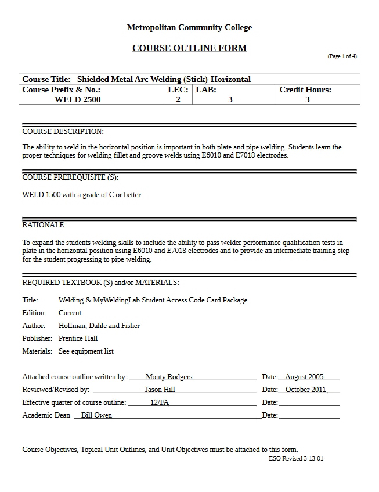 Outline for Horizontal Stick Welding