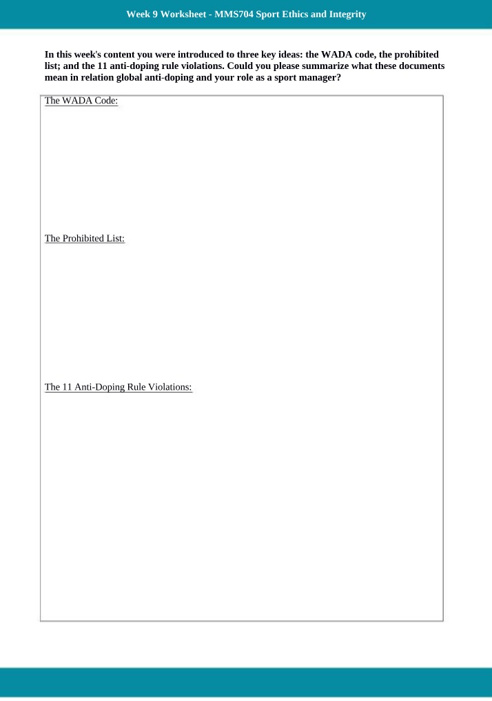 Week 9 Worksheet for MMS704 Sport Ethics and Integrity