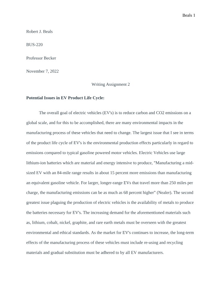EV Product Life Cycle - Potential Environmental Impacts