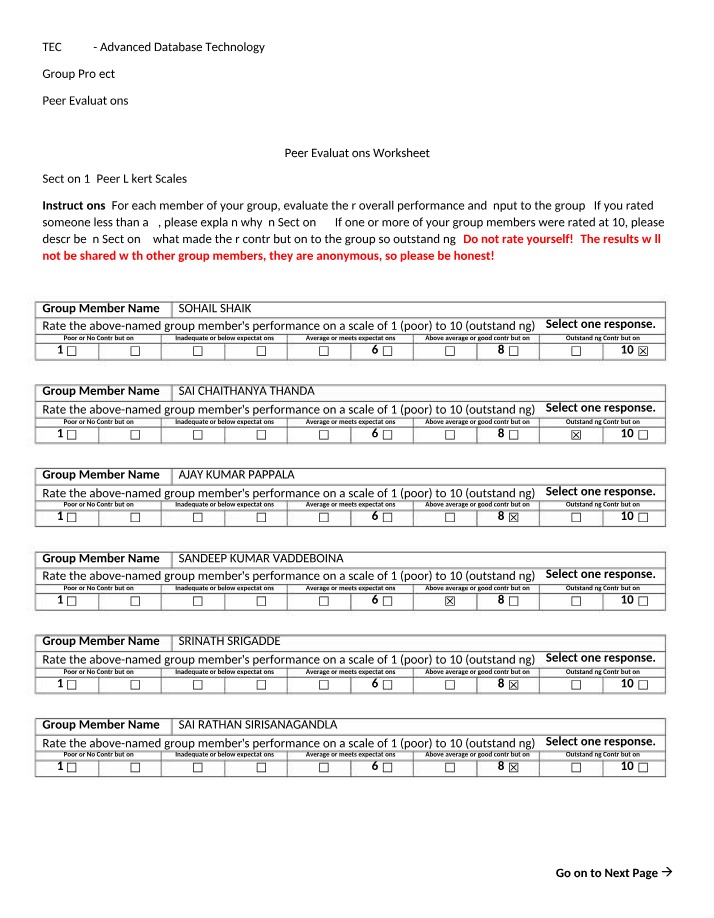 Peer Evaluations for Group Project