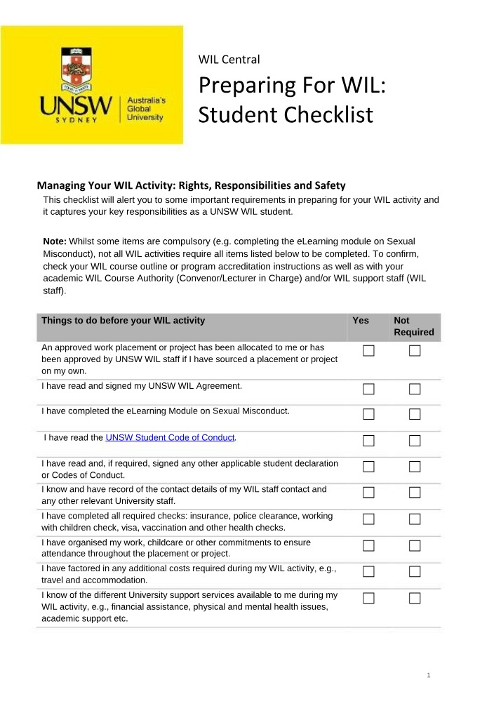 Student Checklist for Preparing for WIL