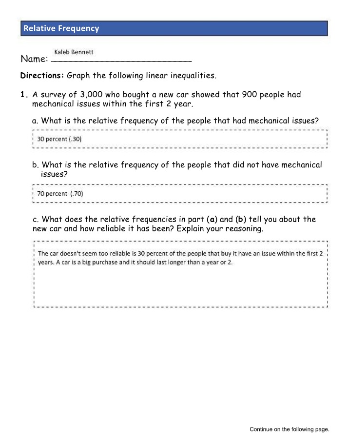 Worksheet on Relative Frequency