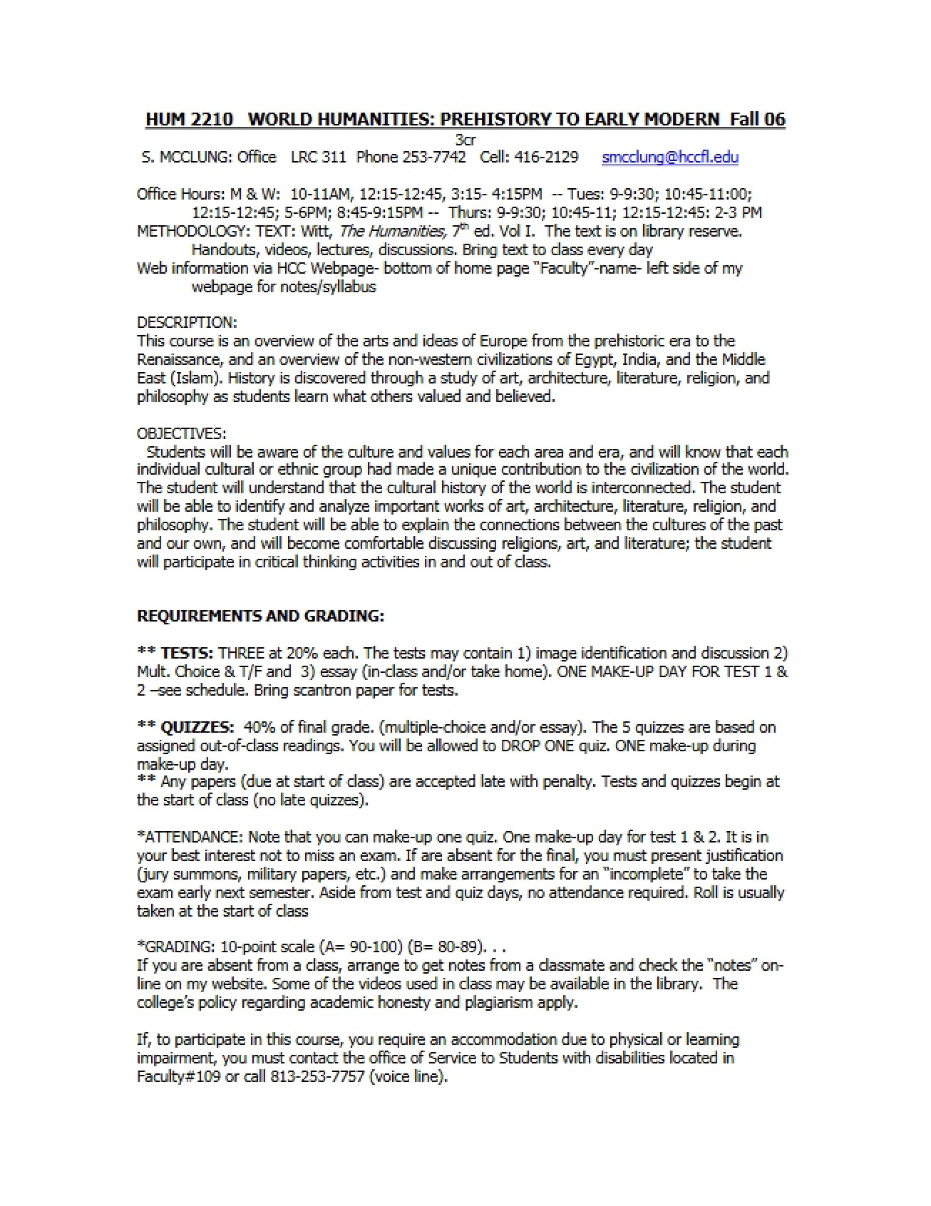 World Humanities Prehistory to Modernity Syllabus