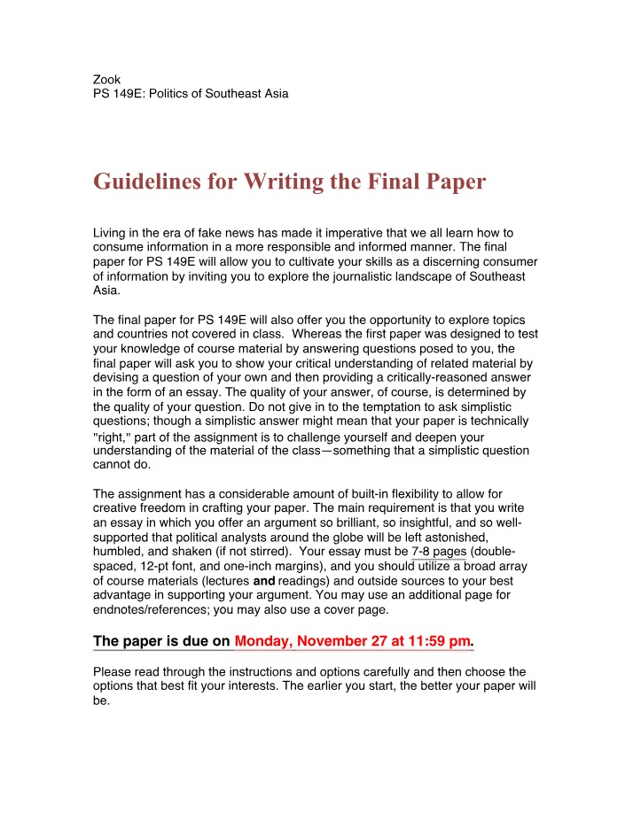Writing Guidelines for the Final Paper